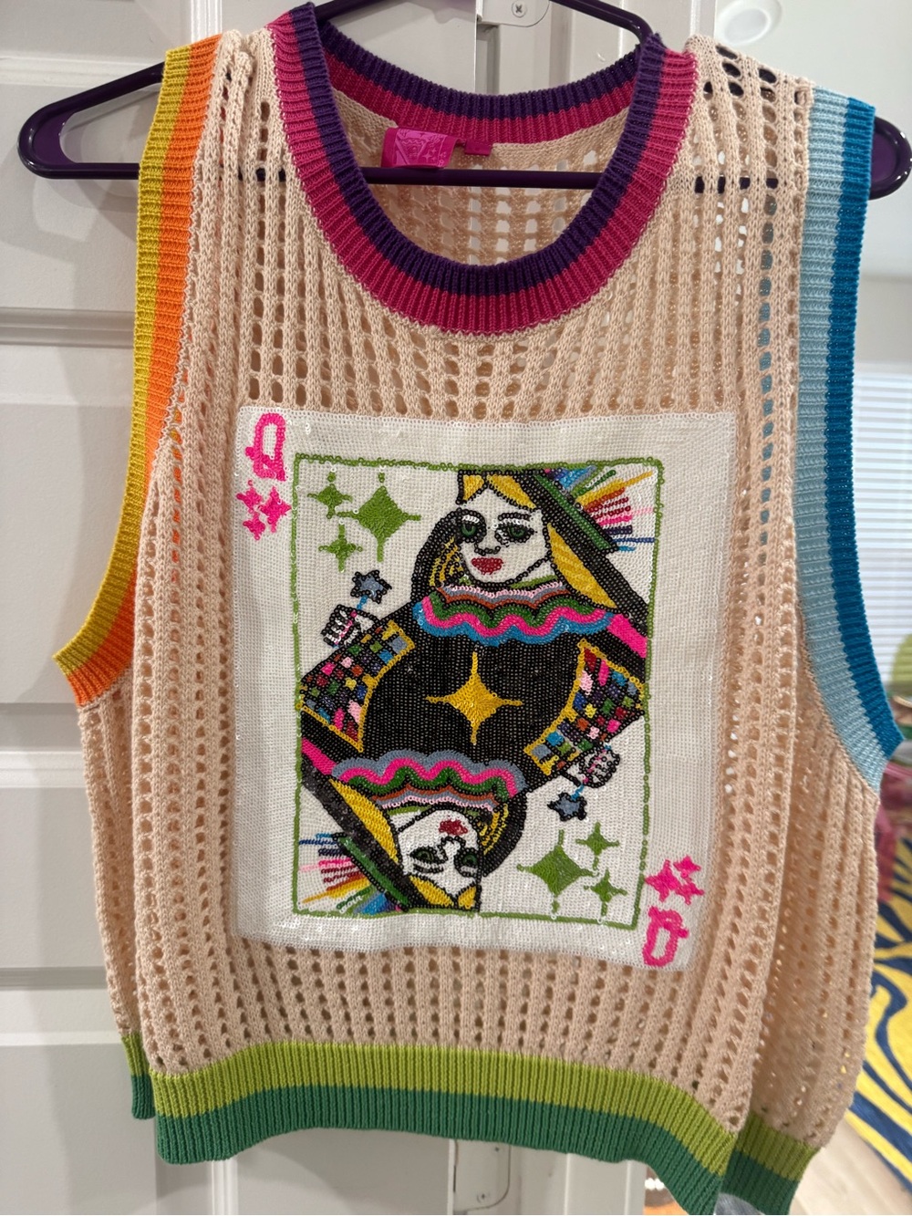 QUEEN OF SPARKLES Beige Crochet Tank with Rainbow Trim and Playing-Card Patch